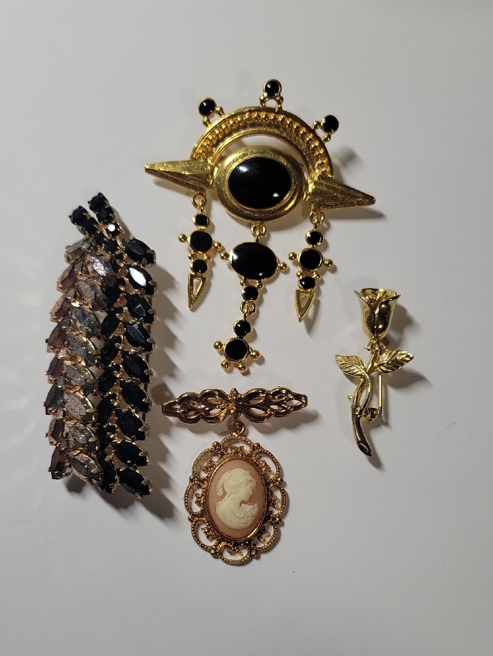 Gold-Tone Black Stone Dangle Brooch - Women Jewelry